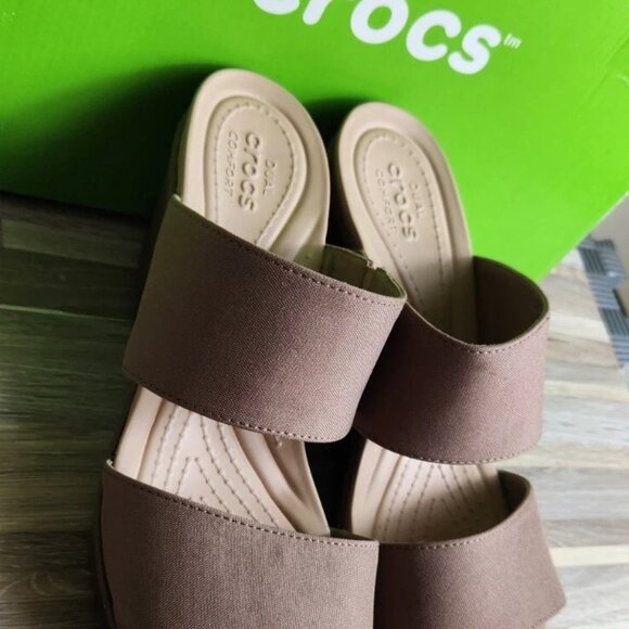 Crocs Leigh 2 Strap Wedge Sandals 11w Bronze Dual Comfort Women's Fashion Shoes - Picture 12 of 16